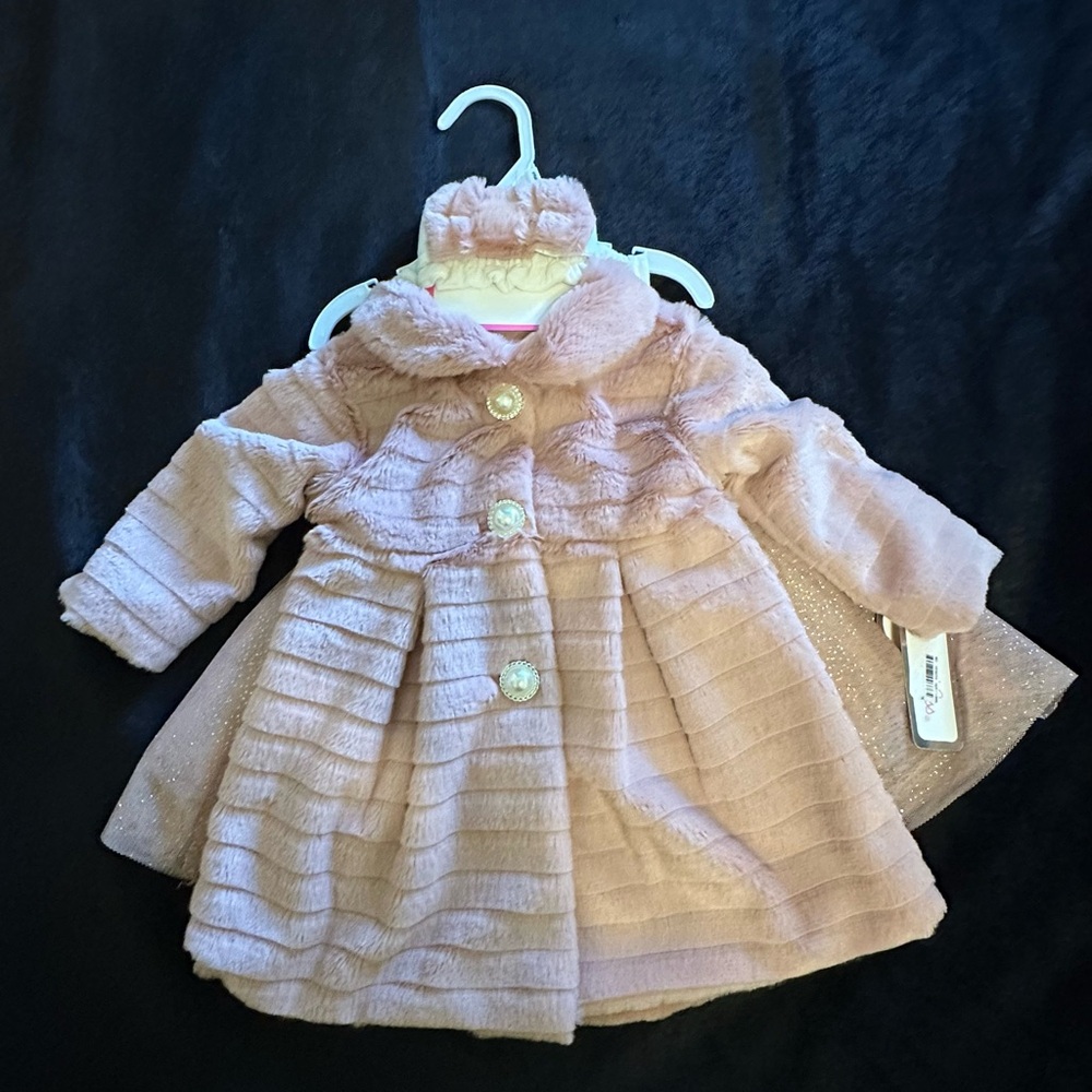 Little Lass 3pc Pink Faux Fur Coat, Sparkly Dress, Headband NWT Size 3/6 Months